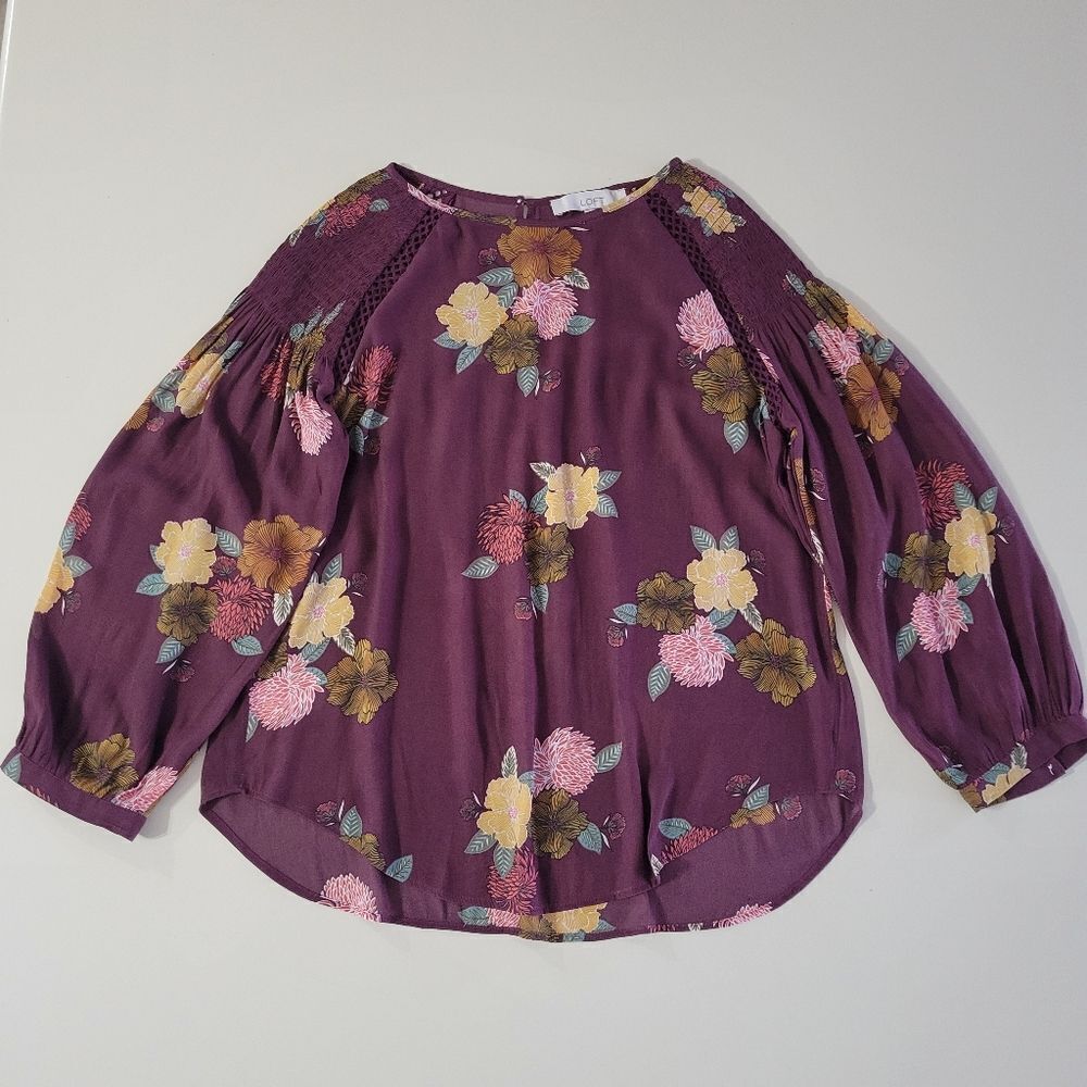 Loft Women's Burgundy Floral Chiffon Blouse